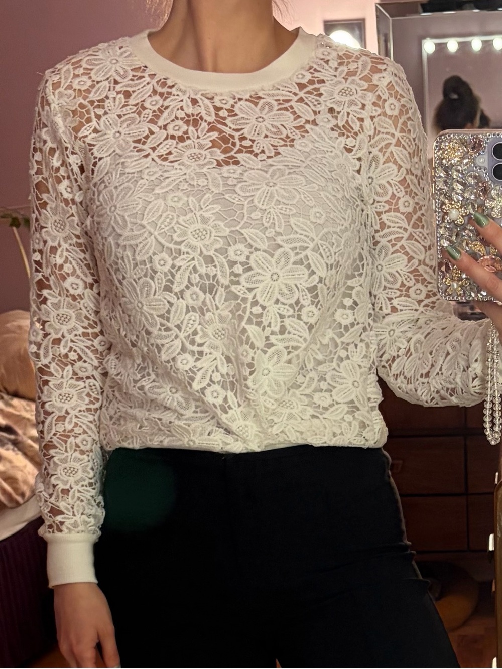White Floral Lace Long Sleeve Top